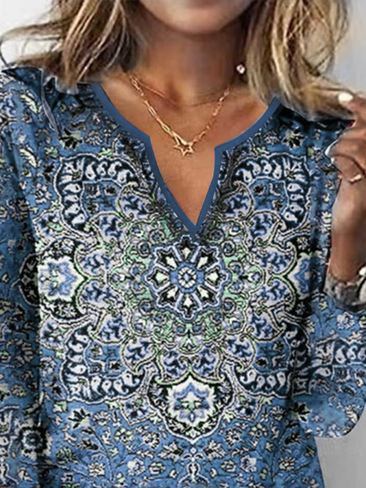 Women's  Red Geometric Printed Long Sleeve V Neck ethnic style t-shirt