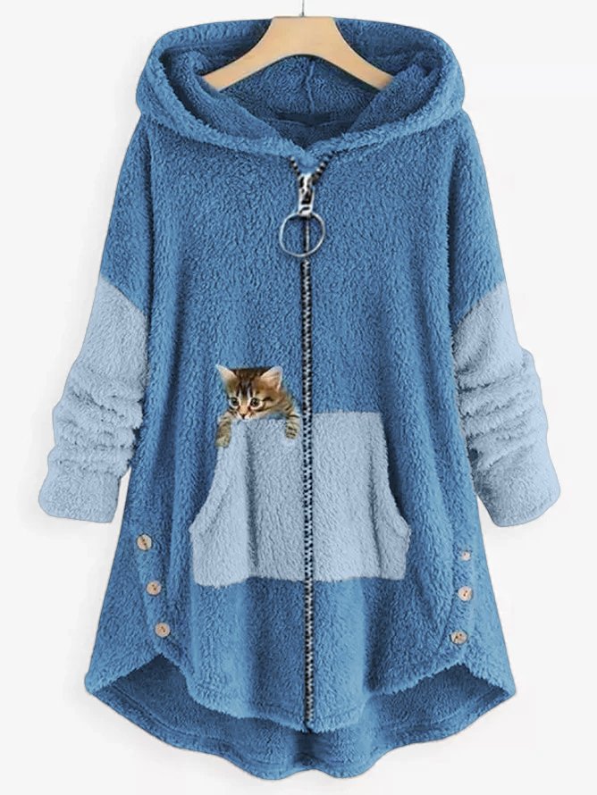Women Color Block Fluff/Granular Fleece Fabric Cat Zipper Hooded Coat