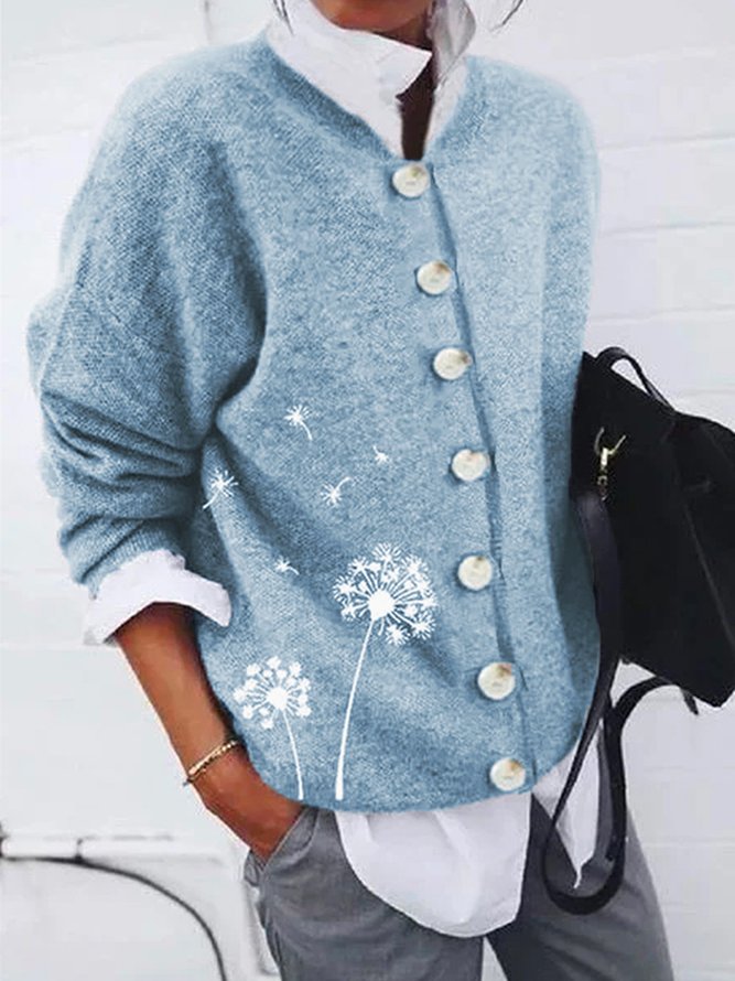 JFN Floral Print Button Design Long Sleeve Sweater
