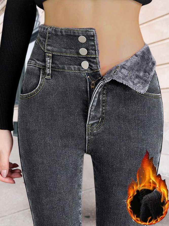 Fluff/Granular Fleece Fabric Casual Tight Jeans