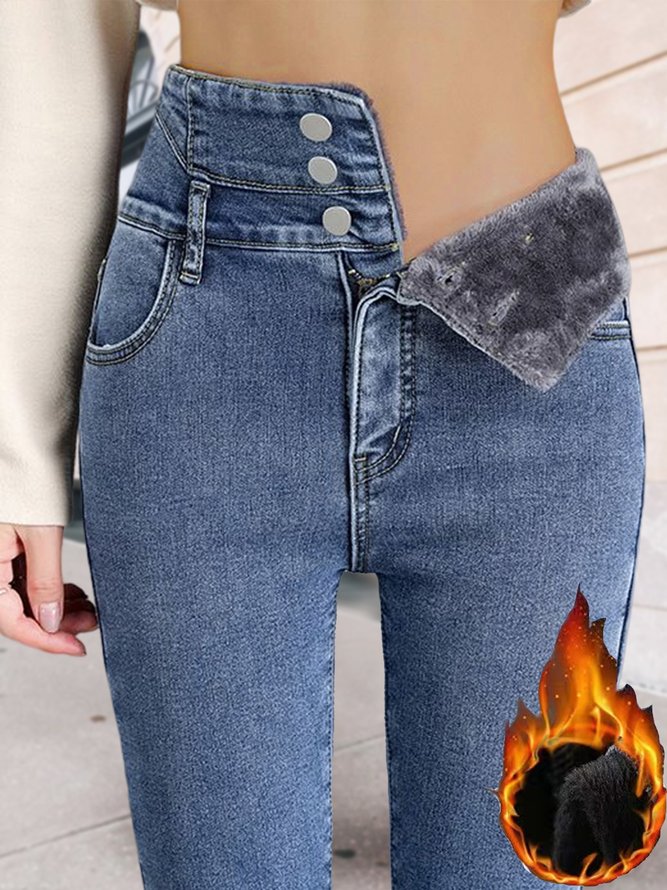 Fluff/Granular Fleece Fabric Casual Tight Jeans