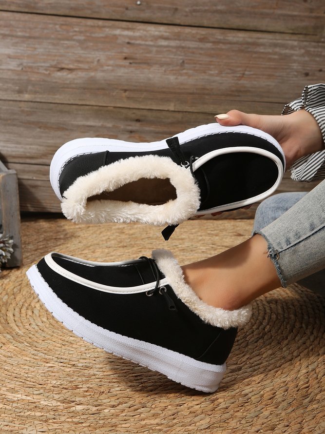 Plus Size Casual Split Joint Furry Lined Canvas Flat Boat Shoes
