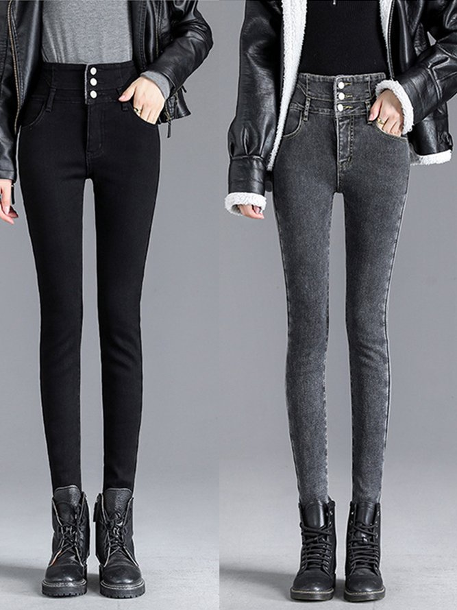 Fluff/Granular Fleece Fabric Casual Tight Jeans