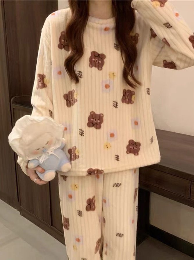 Warm Coral Fleece Cute Bear Pattern Homewear Set Long Sleeve Pants Pajamas Plus Size