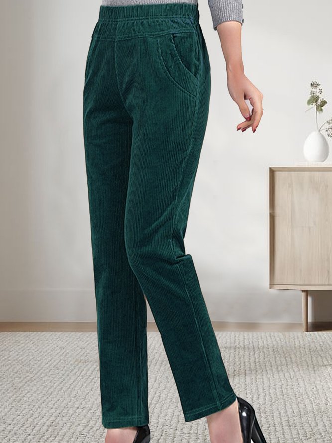 Women Plain Corduroy Elastic Waist Pocket Loose Turnip Pants