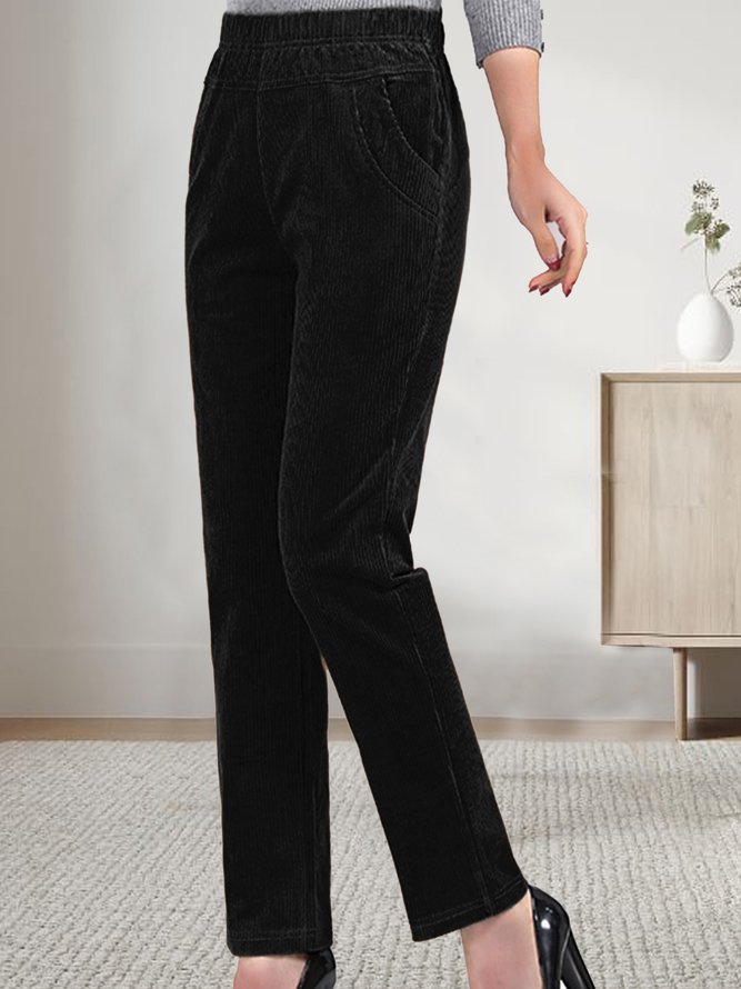 Women Plain Corduroy Elastic Waist Pocket Loose Turnip Pants
