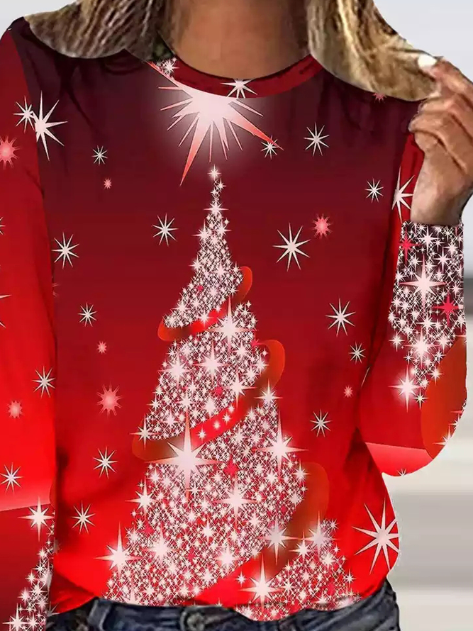 Women's Red Long Sleeve Tunic Tops Christmas Tree Printed