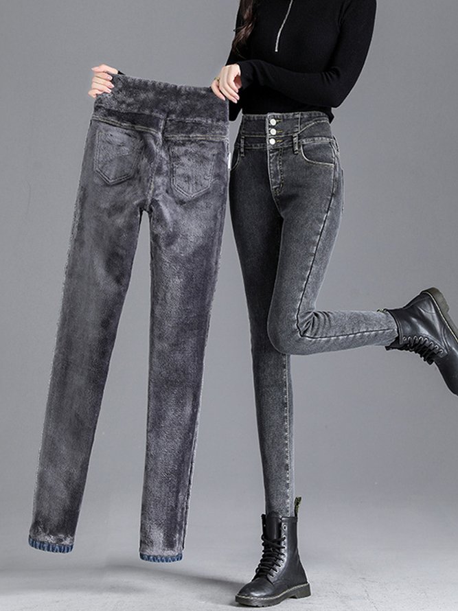 Fluff/Granular Fleece Fabric Casual Tight Jeans