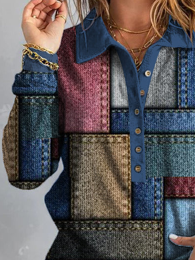 Women Casual Shawl Collar Color Block Blue Long Sleeves Top