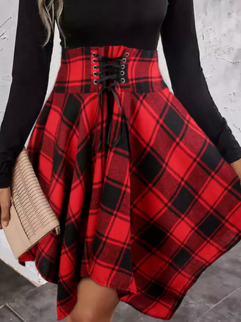 Women Christmas Casual Crew Neck Red Plaid Loose Midi Dress