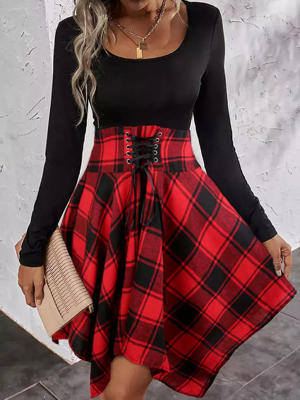Women Christmas Casual Crew Neck Red Plaid Loose Midi Dress