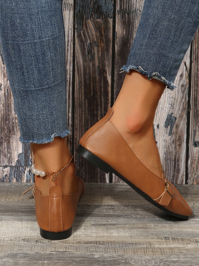 Women's Pu Plain Buckle Slip On Flat Shoes