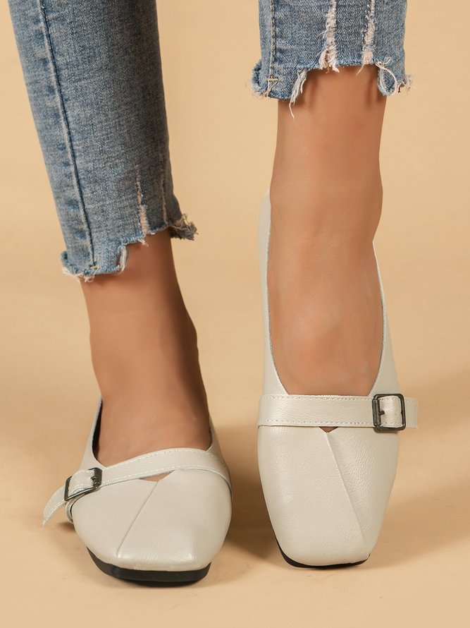 Women's Pu Plain Buckle Slip On Flat Shoes