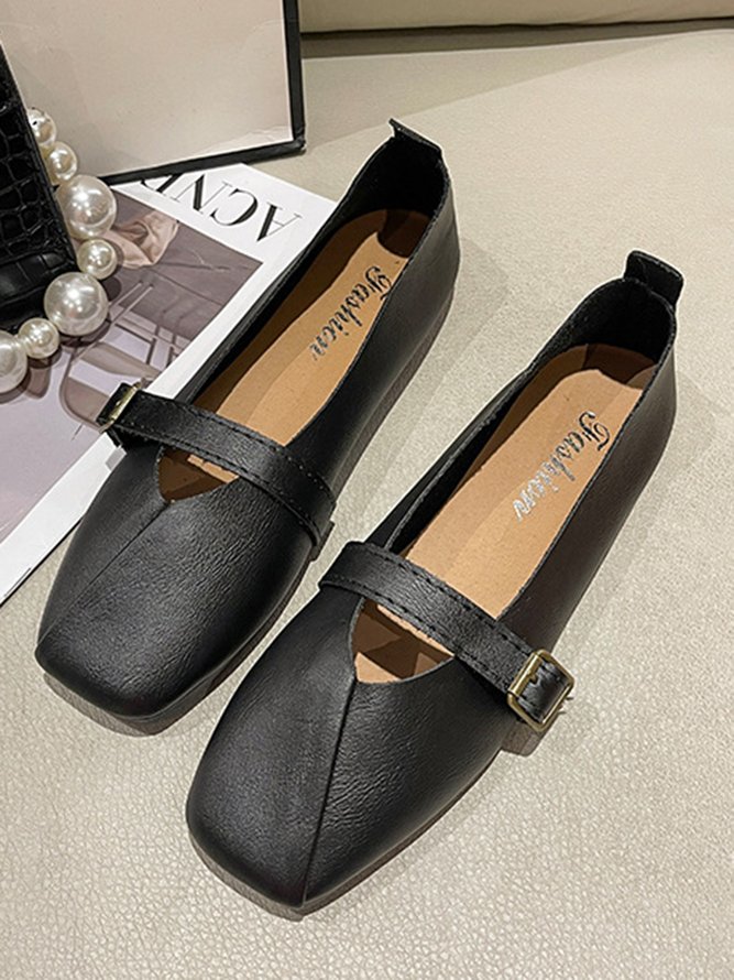 Women's Pu Plain Buckle Slip On Flat Shoes
