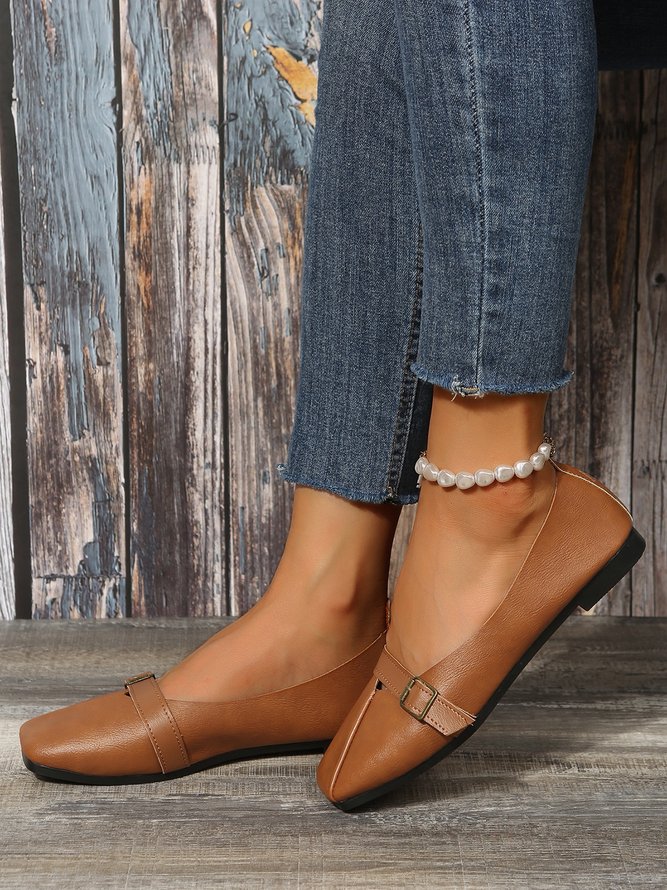 Women's Pu Plain Buckle Slip On Flat Shoes