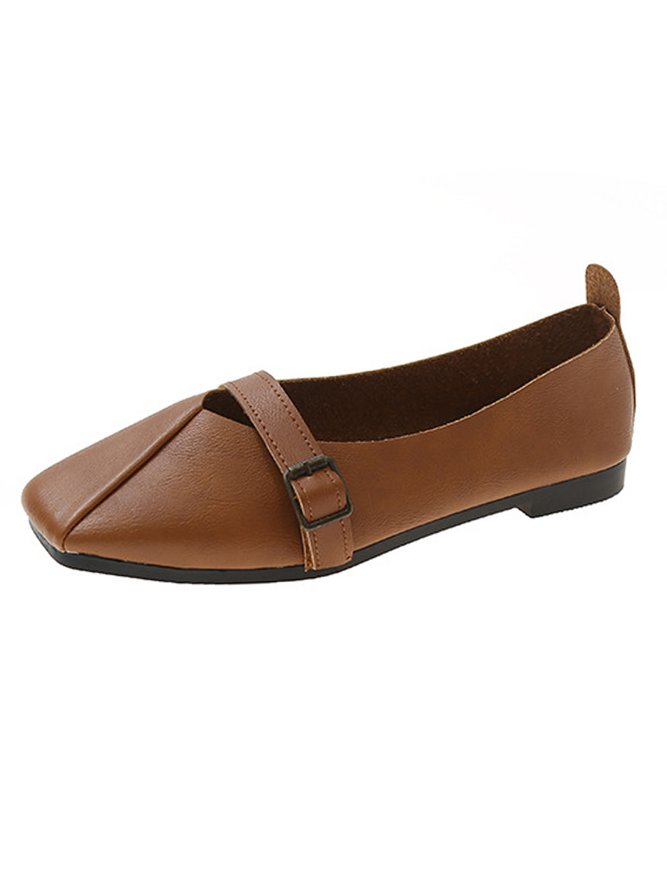 Women's Pu Plain Buckle Slip On Flat Shoes