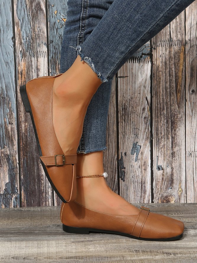 Women's Pu Plain Buckle Slip On Flat Shoes