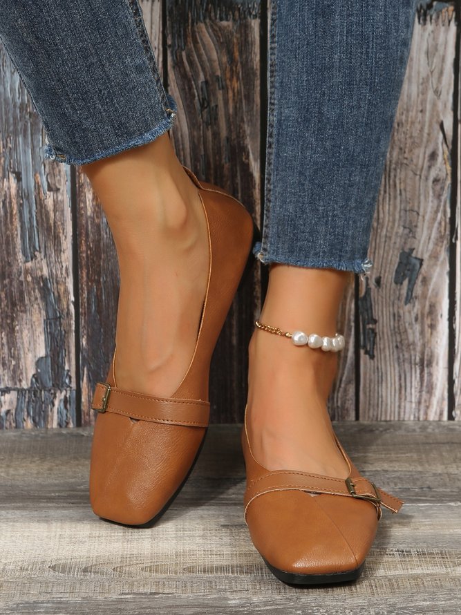 Women's Pu Plain Buckle Slip On Flat Shoes