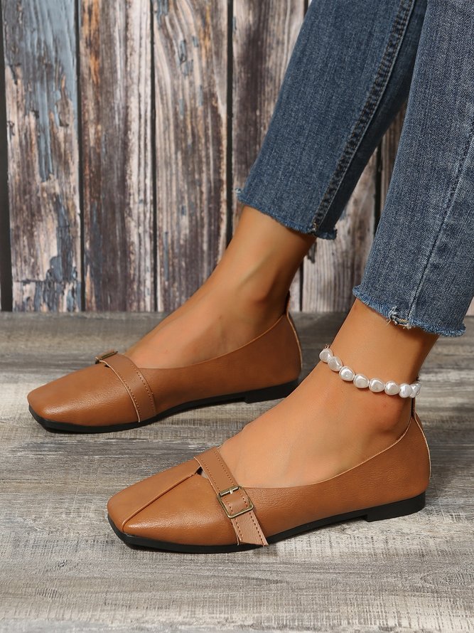 Women's Pu Plain Buckle Slip On Flat Shoes