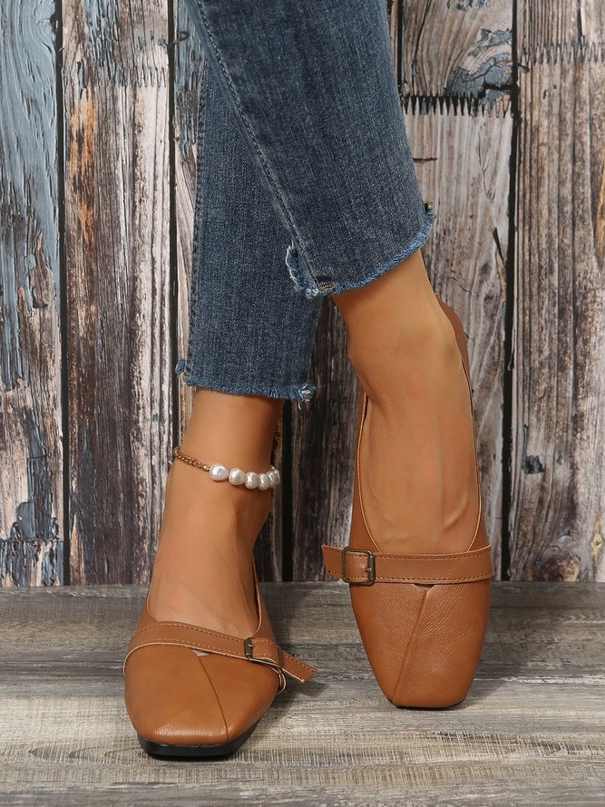 Women's Pu Plain Buckle Slip On Flat Shoes