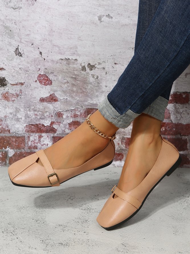 Women's Pu Plain Buckle Slip On Flat Shoes