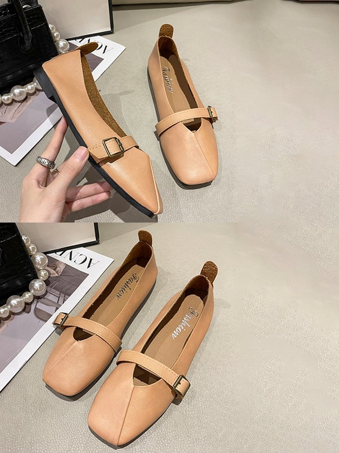 Women's Pu Plain Buckle Slip On Flat Shoes