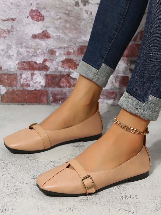 Women's Pu Plain Buckle Slip On Flat Shoes