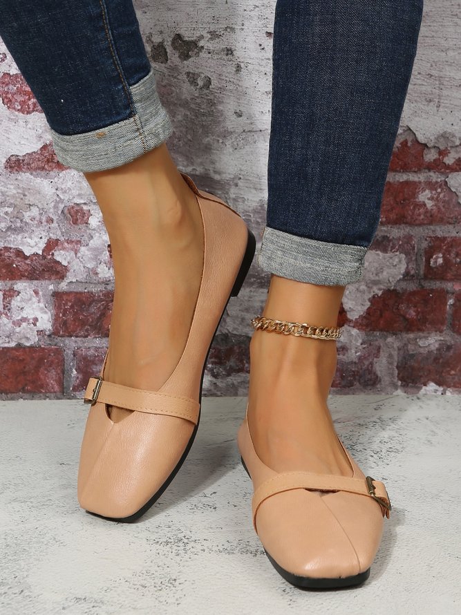 Women's Pu Plain Buckle Slip On Flat Shoes