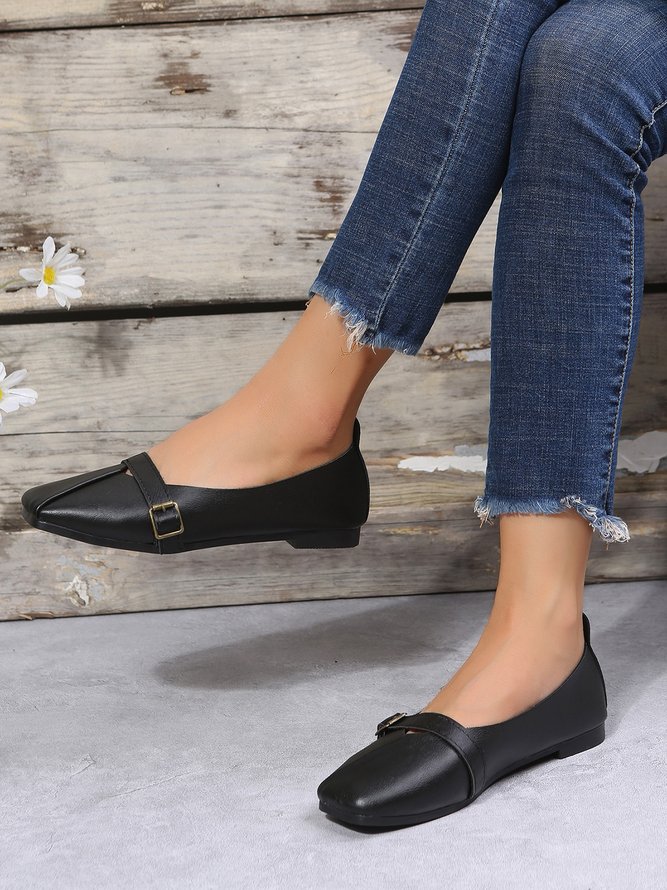 Women's Pu Plain Buckle Slip On Flat Shoes