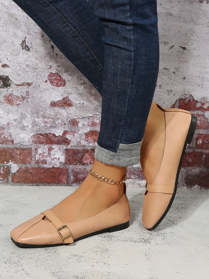 Women's Pu Plain Buckle Slip On Flat Shoes