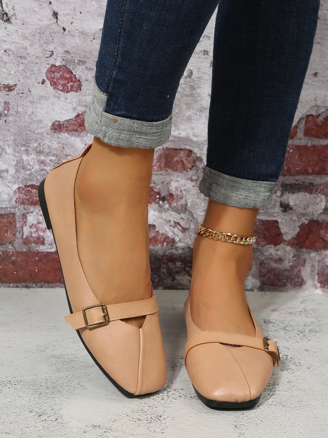 Women's Pu Plain Buckle Slip On Flat Shoes