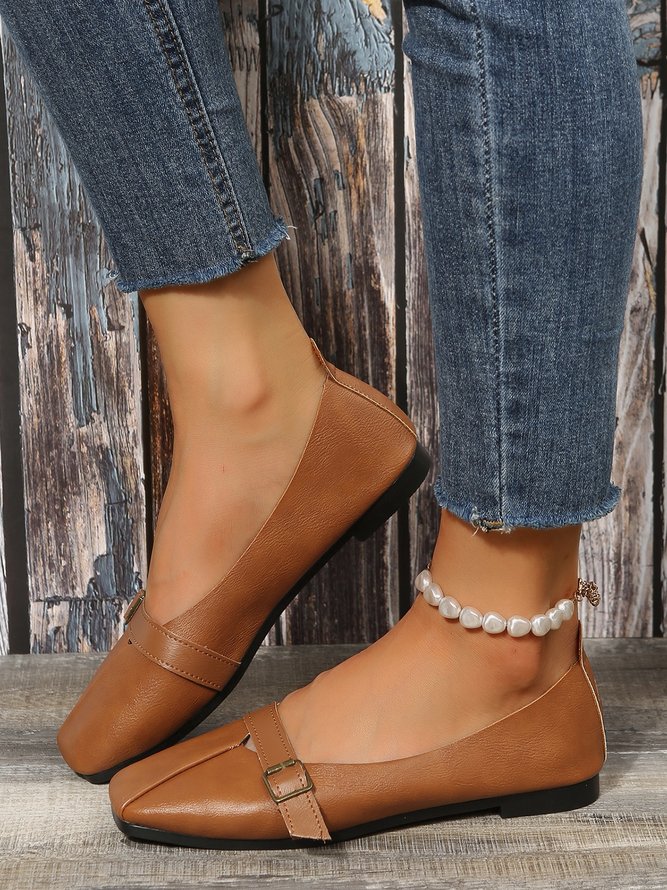 Women's Pu Plain Buckle Slip On Flat Shoes