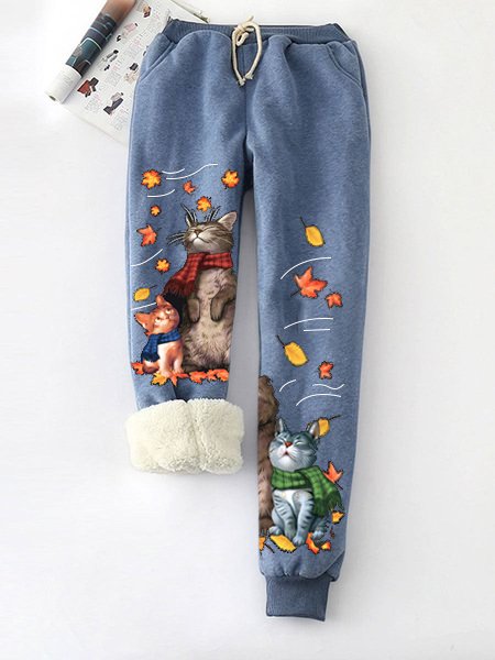 Women Christmas Fleece Warm Cute Cat Knitted Casual Harem Pants
