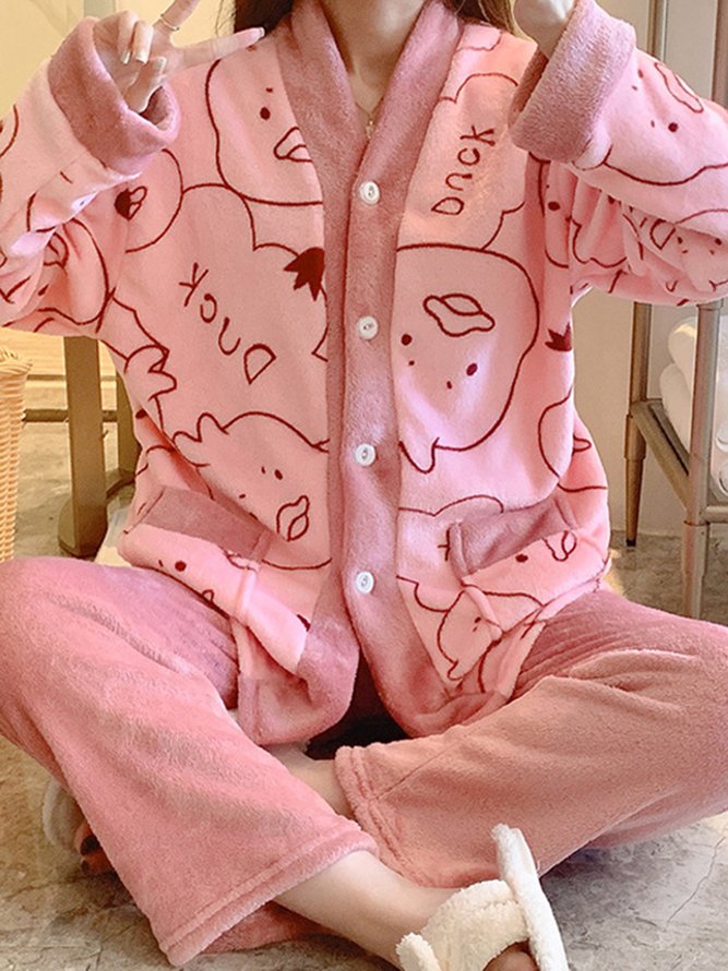 Flannel Cartoon Duck Big Pocket Pajamas Long Sleeve Pants Loungewear Set