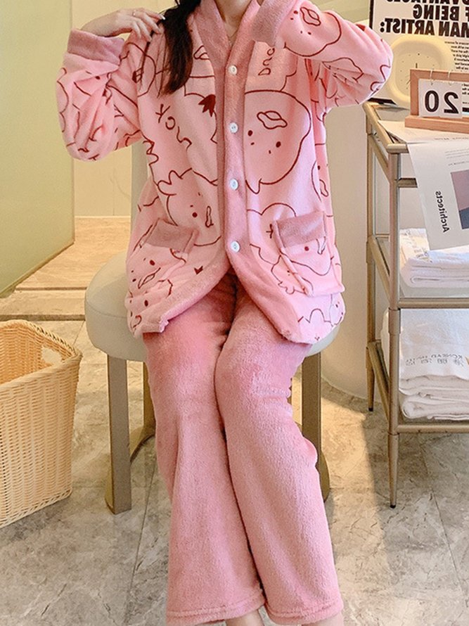 Flannel Cartoon Duck Big Pocket Pajamas Long Sleeve Pants Loungewear Set