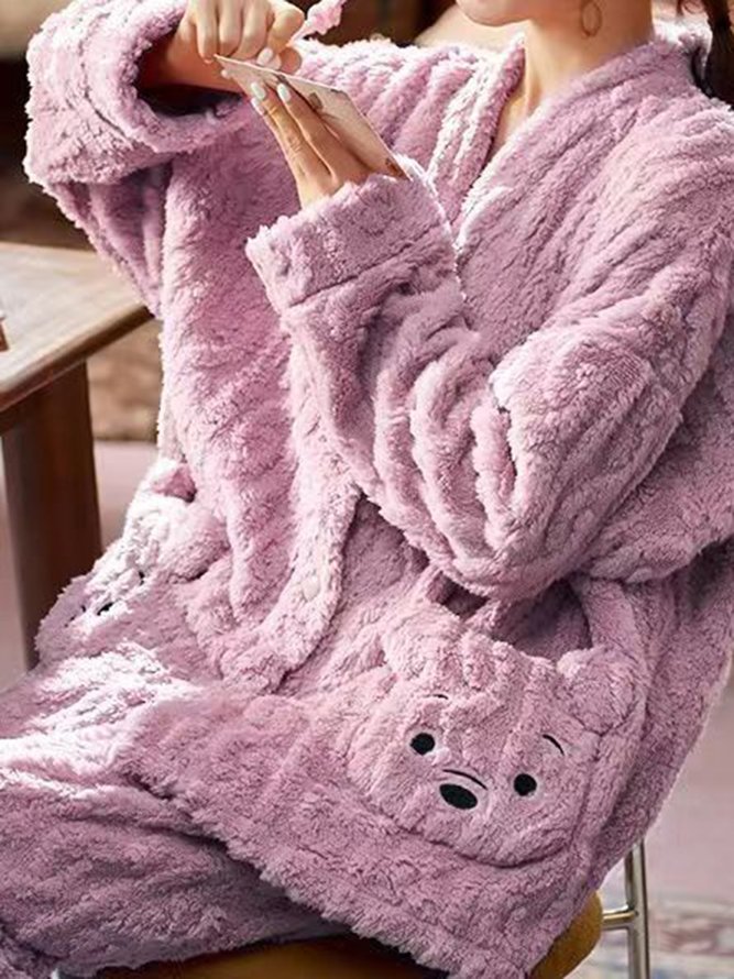 Flannel Cartoon Bear Big Pocket Pajamas Long Sleeve Pants Loungewear Set Plus Size