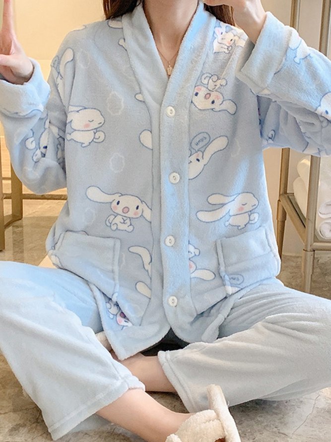 Flannel Cartoon Duck Big Pocket Pajamas Long Sleeve Pants Loungewear Set