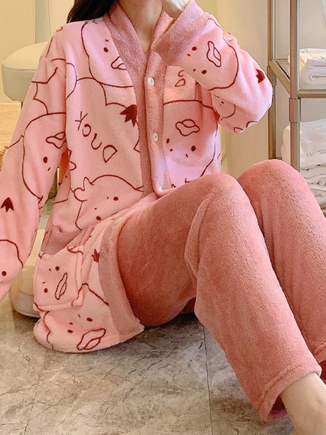 Flannel Cartoon Duck Big Pocket Pajamas Long Sleeve Pants Loungewear Set