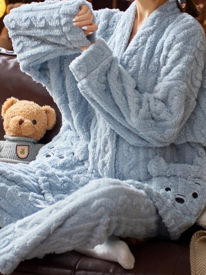 Flannel Cartoon Bear Big Pocket Pajamas Long Sleeve Pants Loungewear Set Plus Size