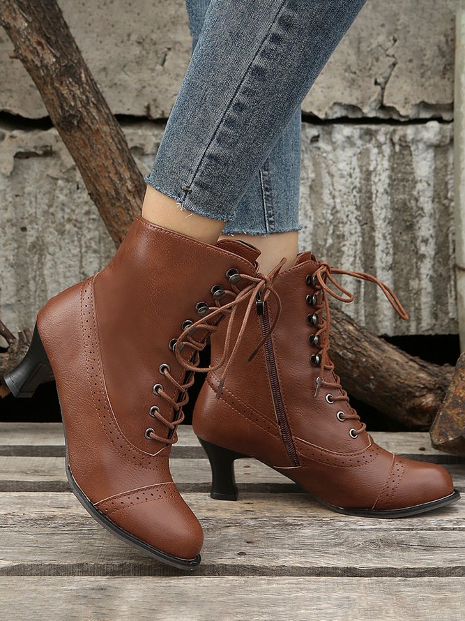 Plus Size Lace-Up Decor Side Zip Spool Heel Boots