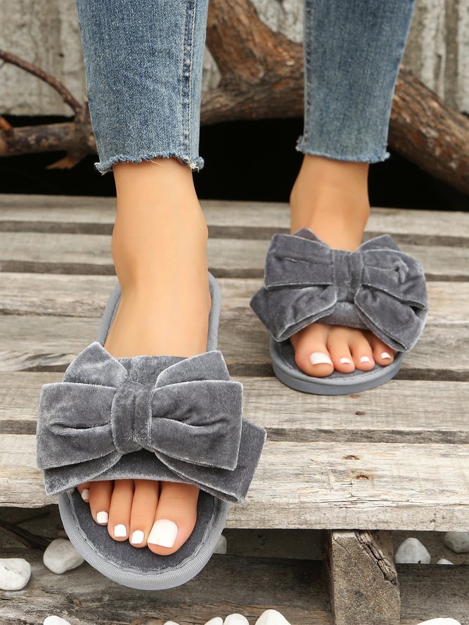 Casual Bow Decor Plain Velvet Living Room Slippers