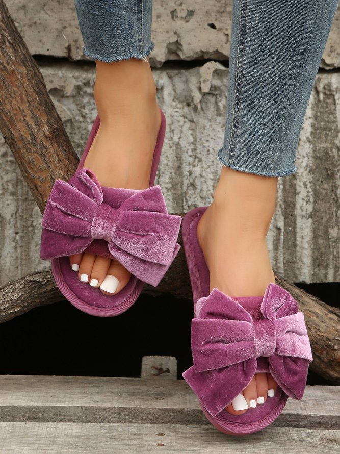 Casual Bow Decor Plain Velvet Living Room Slippers