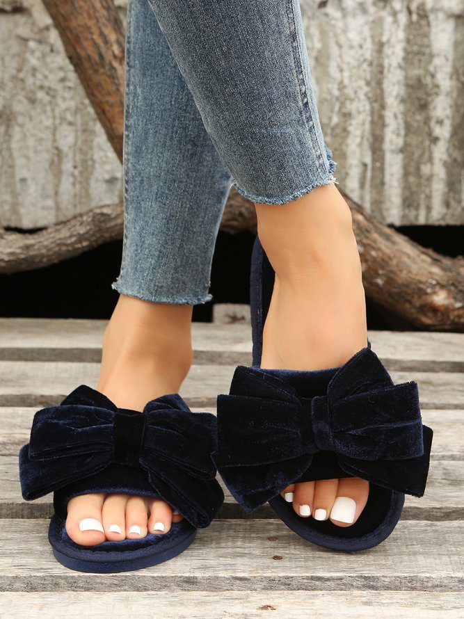 Casual Bow Decor Plain Velvet Living Room Slippers