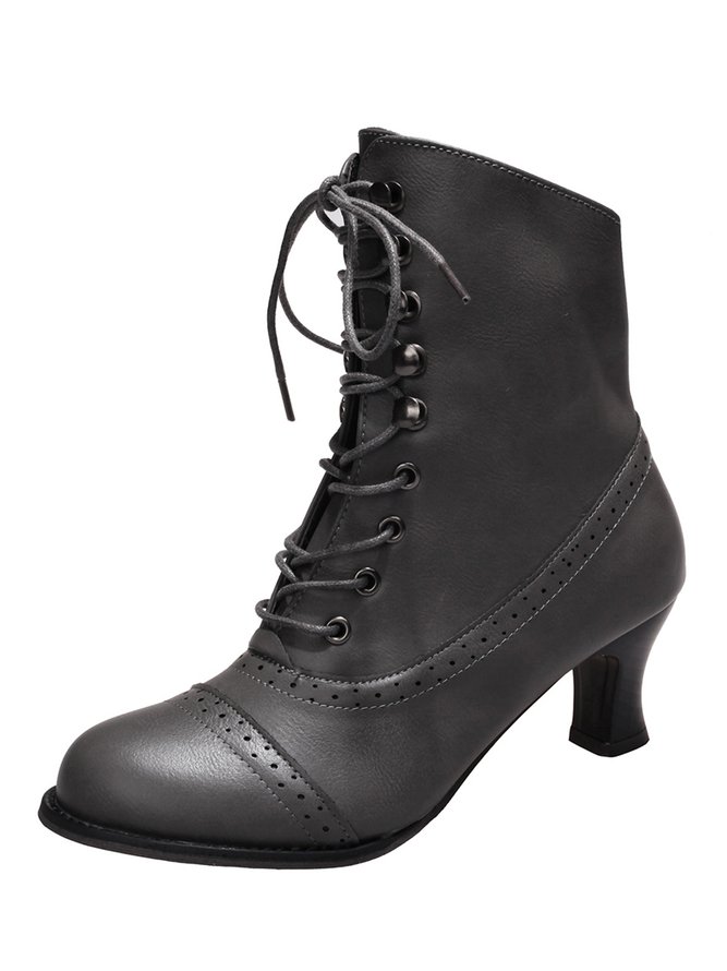 Plus Size Lace-Up Decor Side Zip Spool Heel Boots