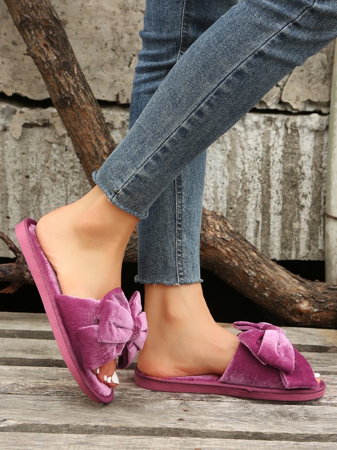 Casual Bow Decor Plain Velvet Living Room Slippers