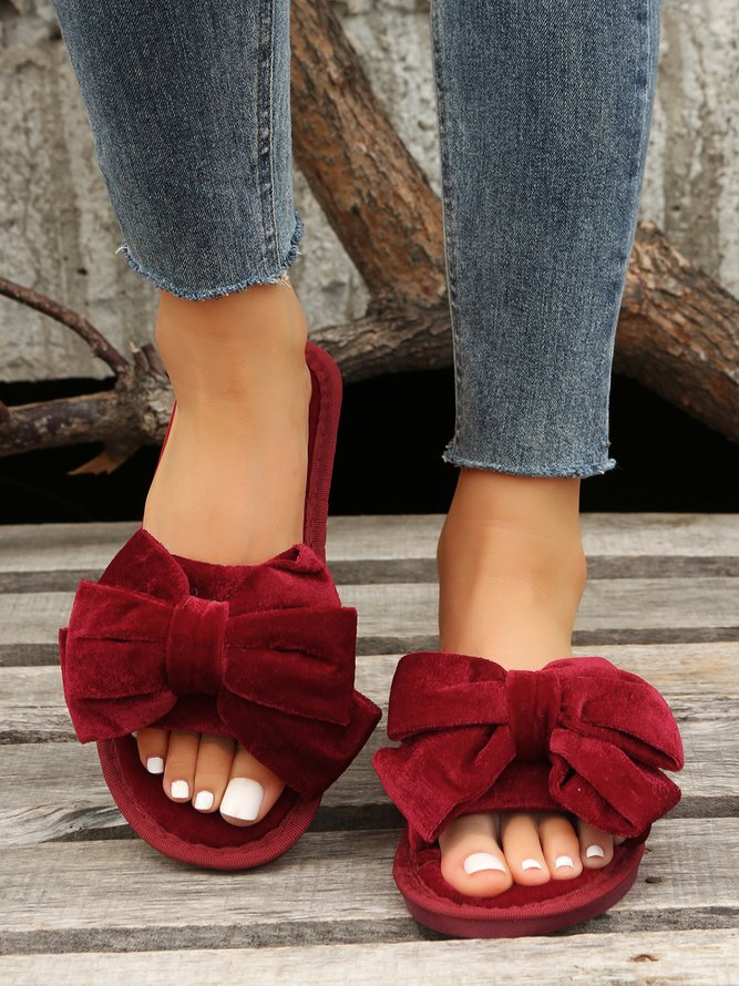 Casual Bow Decor Plain Velvet Living Room Slippers
