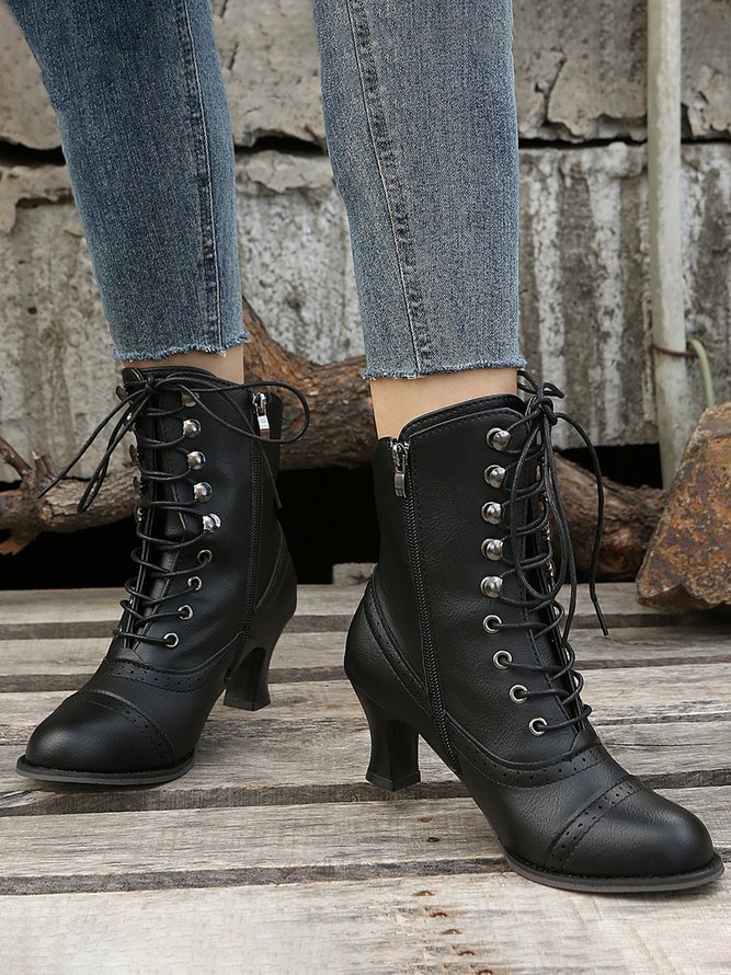 Plus Size Lace-Up Decor Side Zip Spool Heel Boots