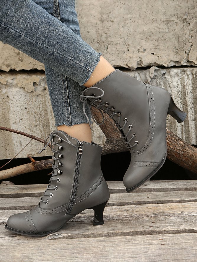 Plus Size Lace-Up Decor Side Zip Spool Heel Boots