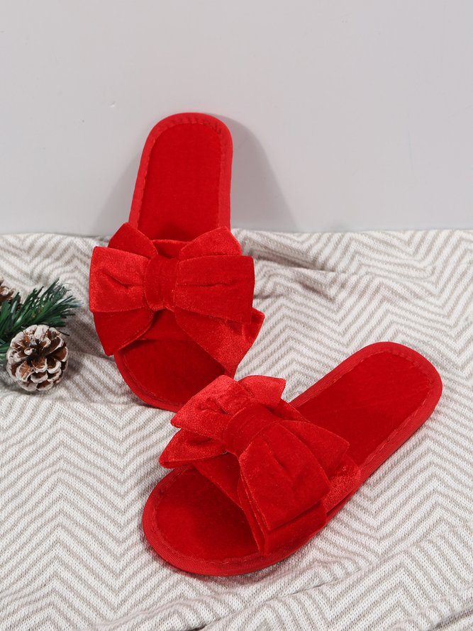 Casual Bow Decor Plain Velvet Living Room Slippers