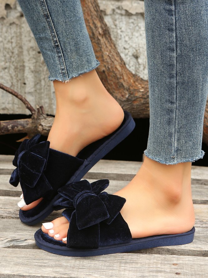 Casual Bow Decor Plain Velvet Living Room Slippers